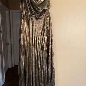 Metallic Pleated Maxi Dress - Gold Tone one shoulder
